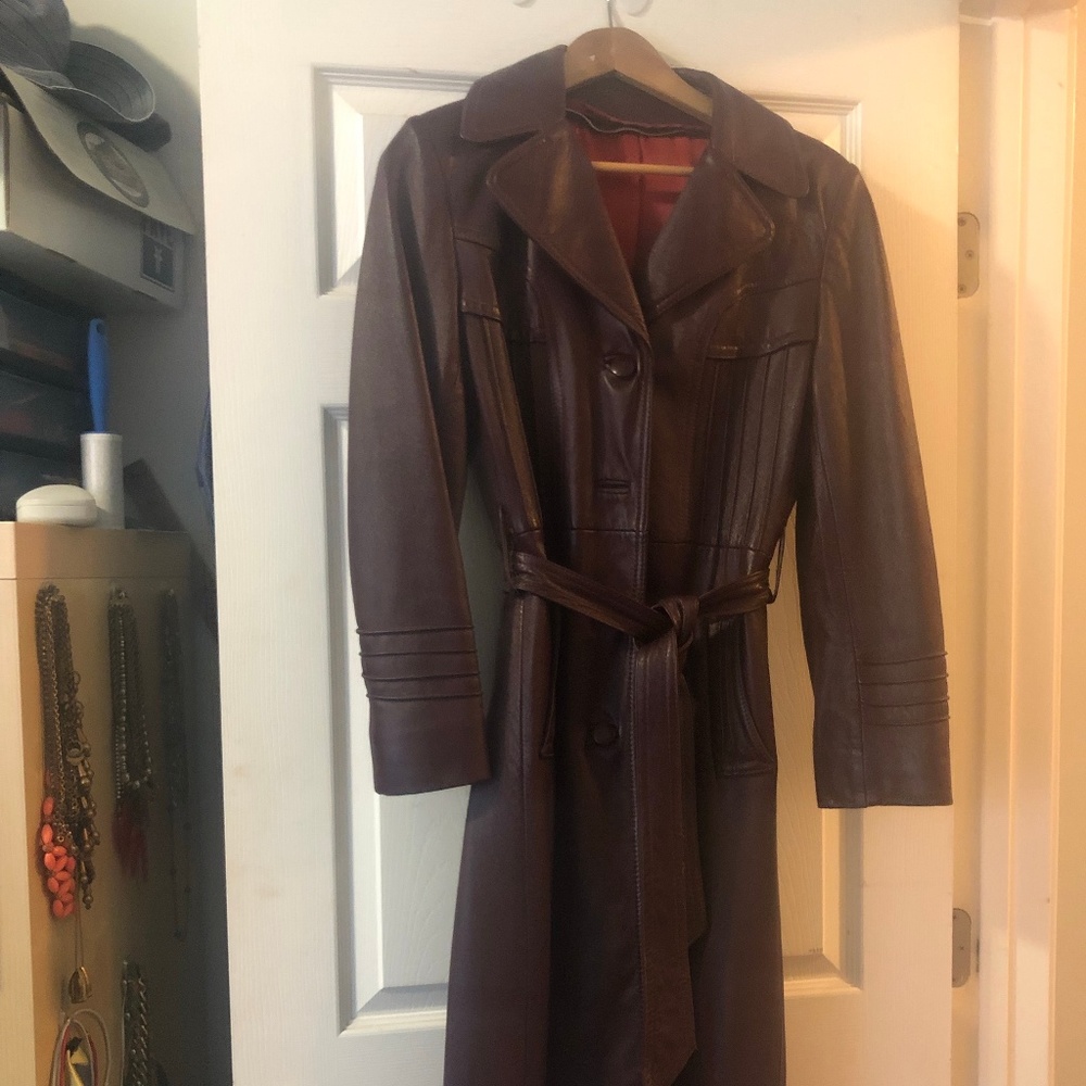 Burgandy 1970s Vintage Leather Trench Coat